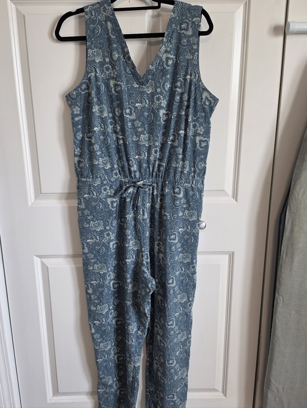Toad&Co Teal blue Paisley Sleeveless Jumpsuit with Drawstring pockets buttons